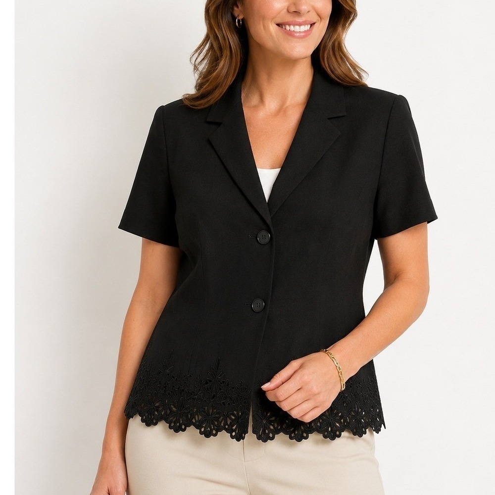 Kasper Petite Womens 12P Black Linen Blend Short Sleeve Embroidered Hem Blazer